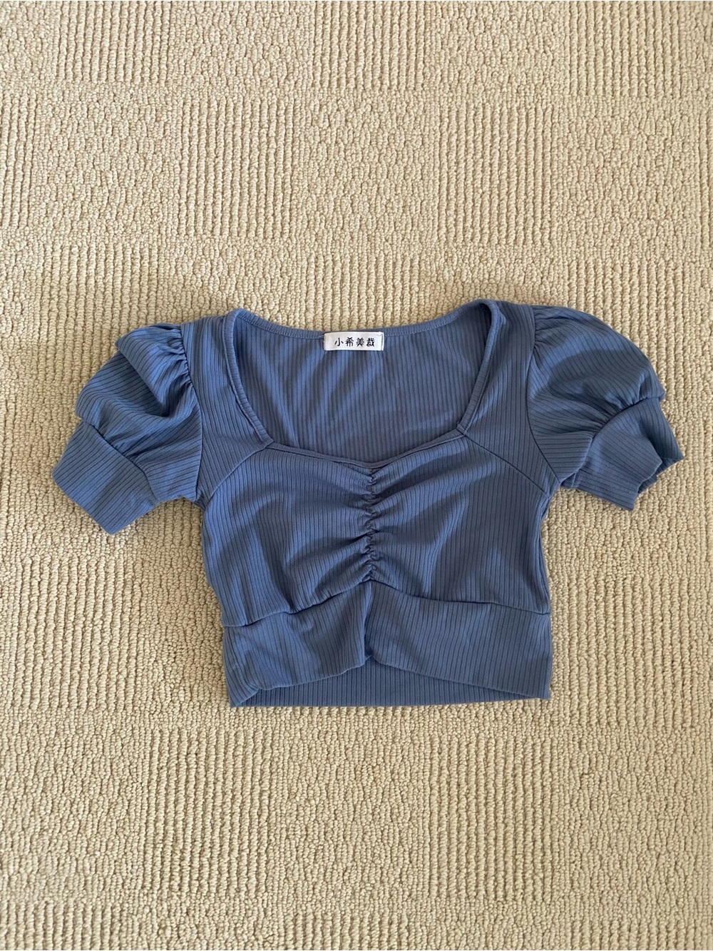 YesStyle Slate Blue Ribbed Puff-Sleeve Crop Top